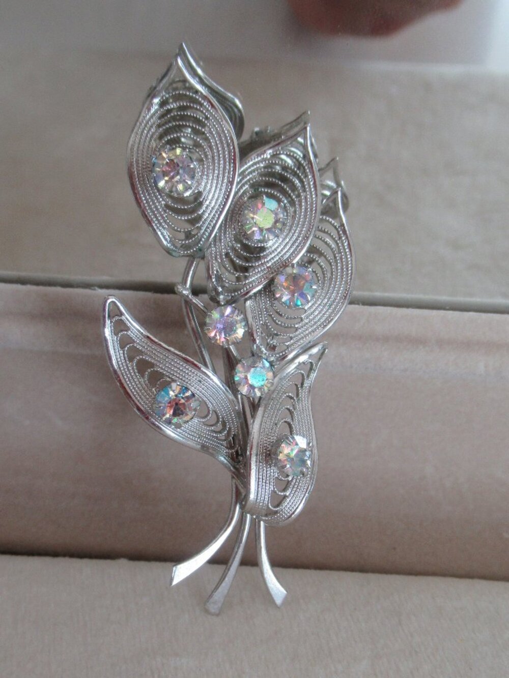 Vintage Filigree Leaves Brooch Silver Plated w/ A B Stones 2.5" H x 1.25" W